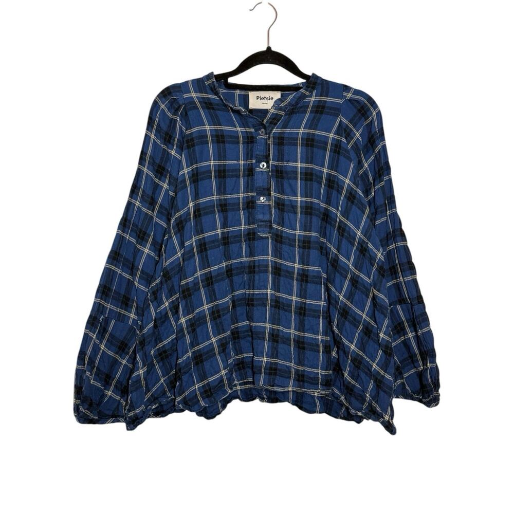 Pietsie Blue Plaid Crinkled Cotton Popover Atlin Blouse Top Medium